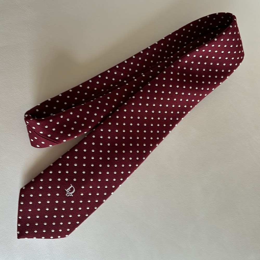 Vintage Christian Dior Men’s Neck Tie Maroon Burgundy White Dots Silk Blend - Picture 9 of 13